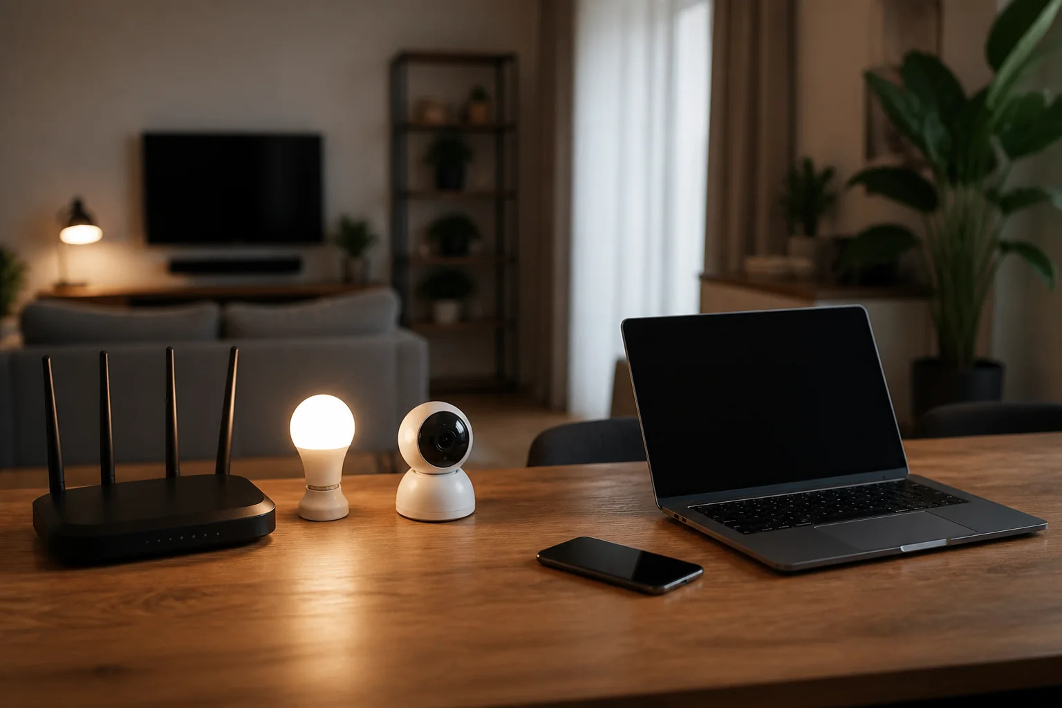 Domácí router, chytrá žárovka a kamera oddělené od pracovního notebooku