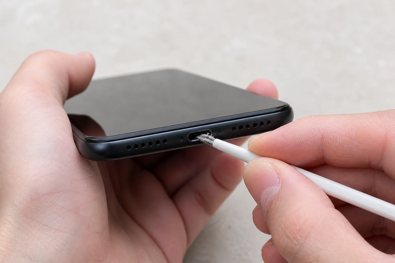 Opatrná kontrola nečistot v nabíjecím portu telefonu