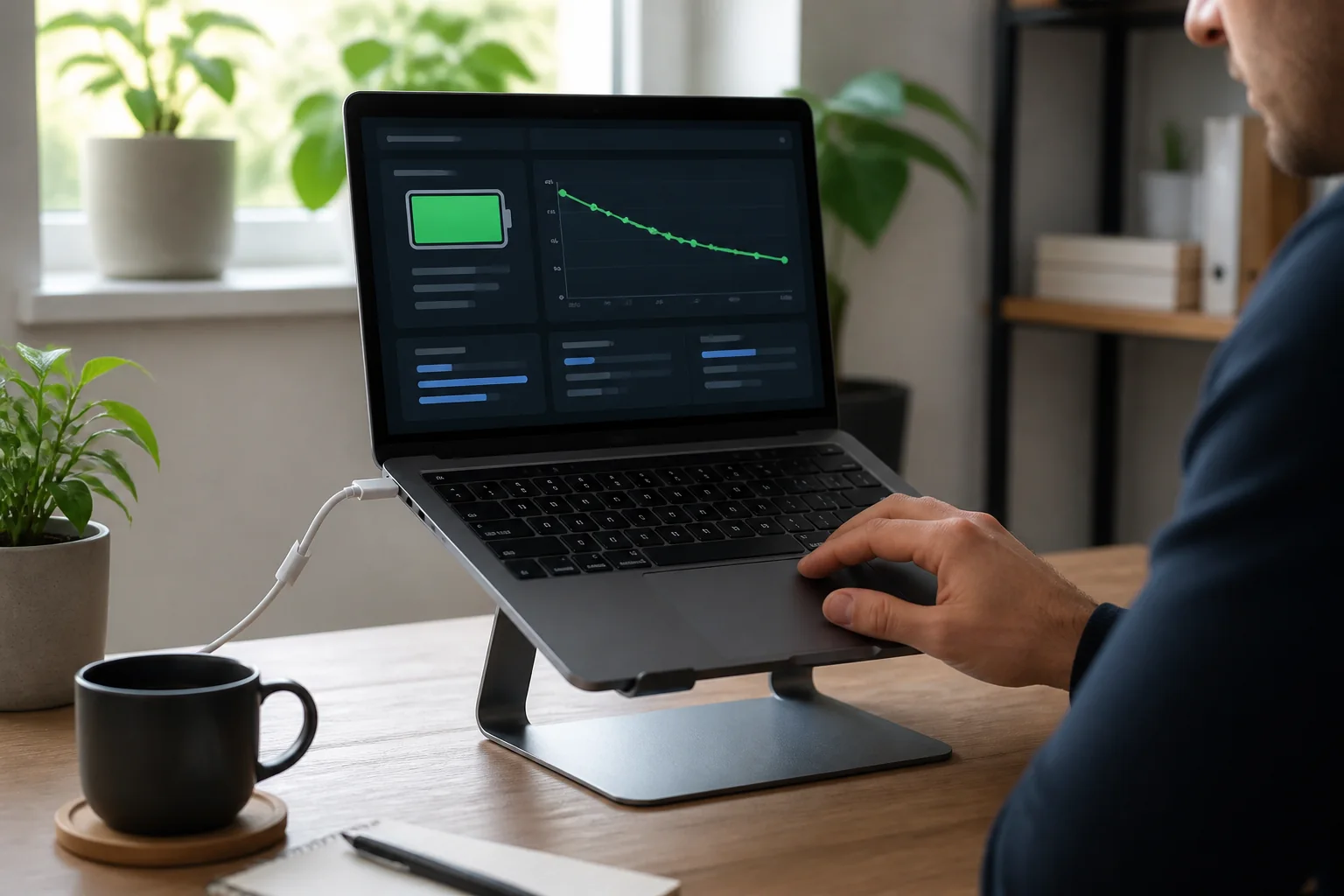Notebook na odvětraném stojanu při kontrole kondice baterie