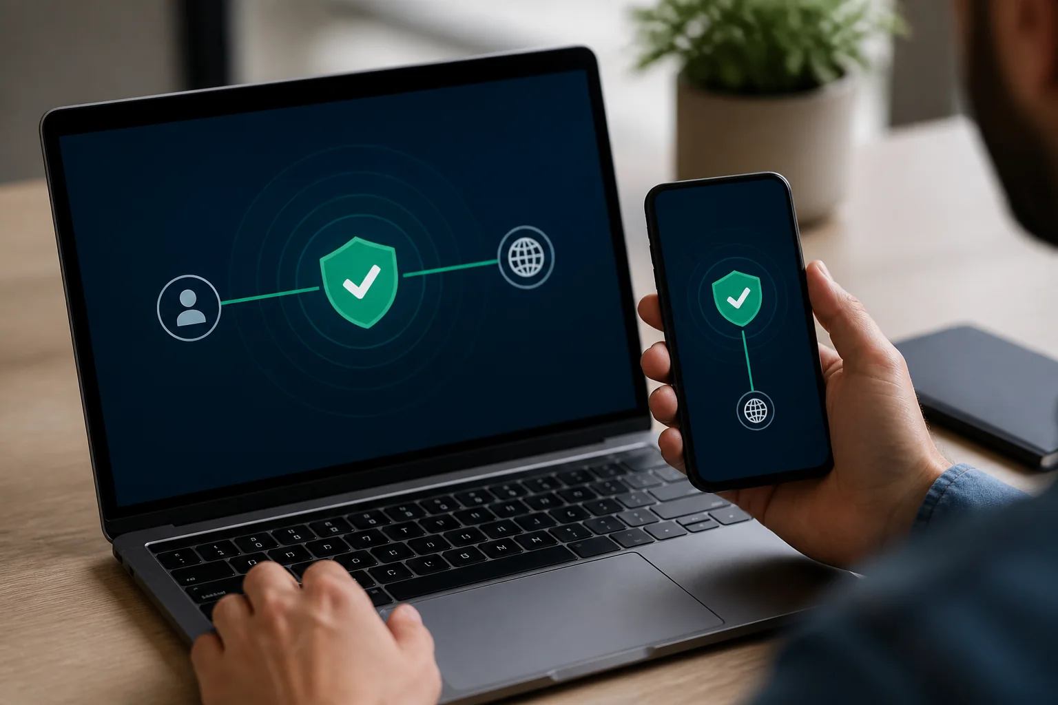 Ověření aktivního VPN připojení na telefonu a notebooku
