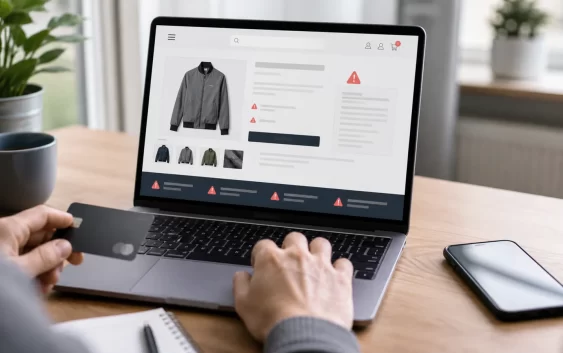 Nakupující kontroluje varovné signály neznámého e-shopu na notebooku