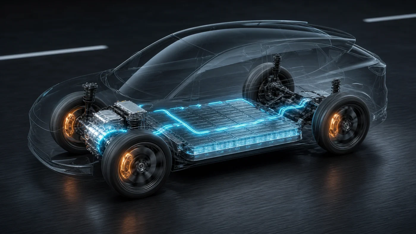 Schematická ilustrace elektrického pohonu automobilu z archivu Digicom.cz; nejde o záznam testu WLTP