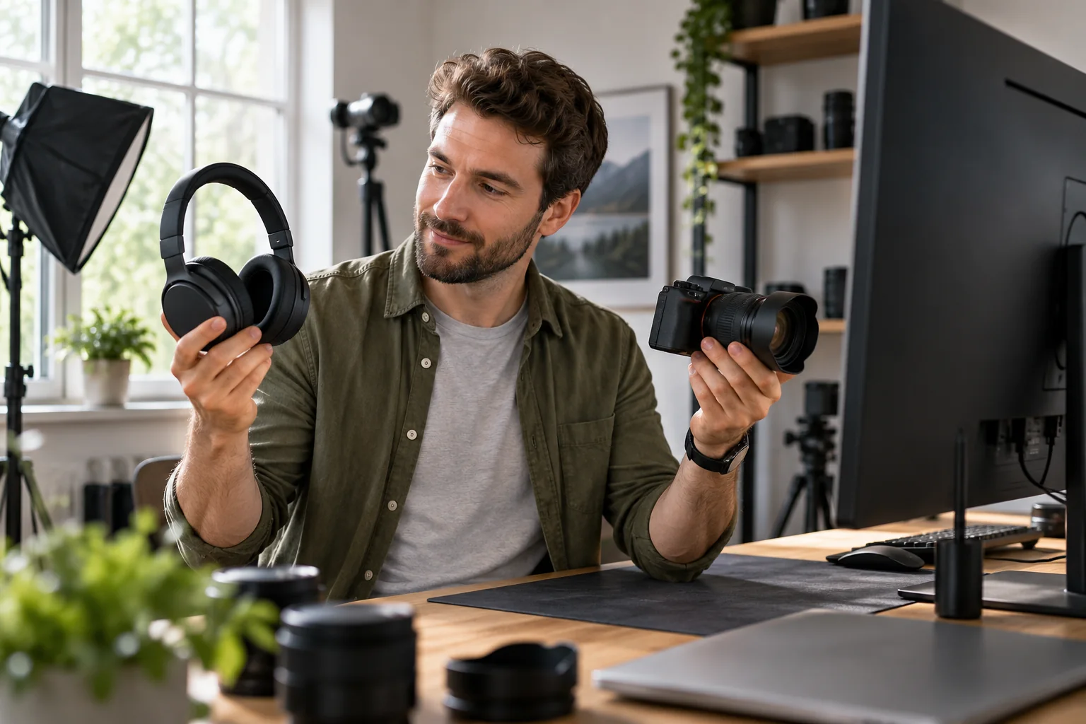 Muž s fotoaparátem a sluchátky u monitoru ve fotografickém studiu