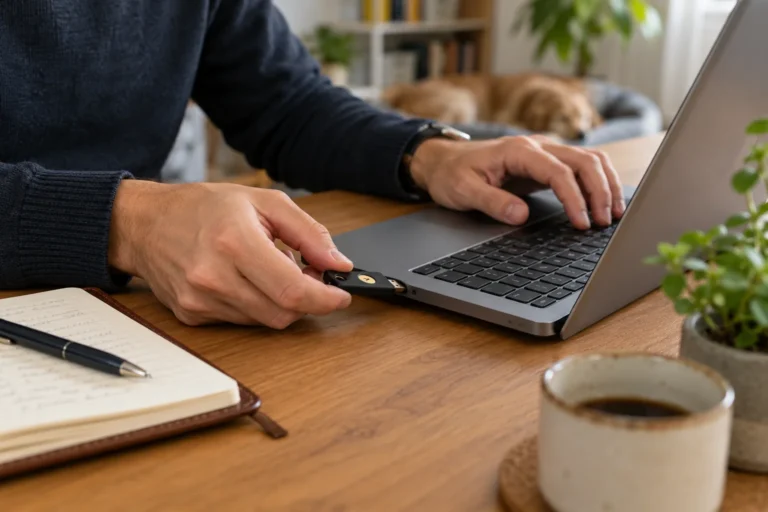 Ruce připojují bezpečnostní klíč k notebooku vedle zápisníku