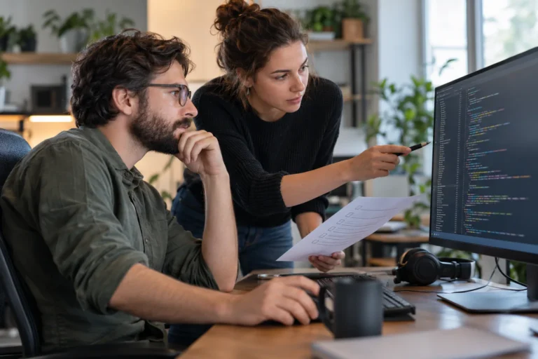 Dva kolegové kontrolují kód na monitoru a papírový seznam