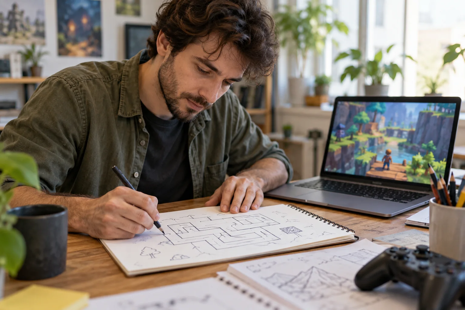 Muž kreslí plán bludiště vedle notebooku s barevnou herní scénou