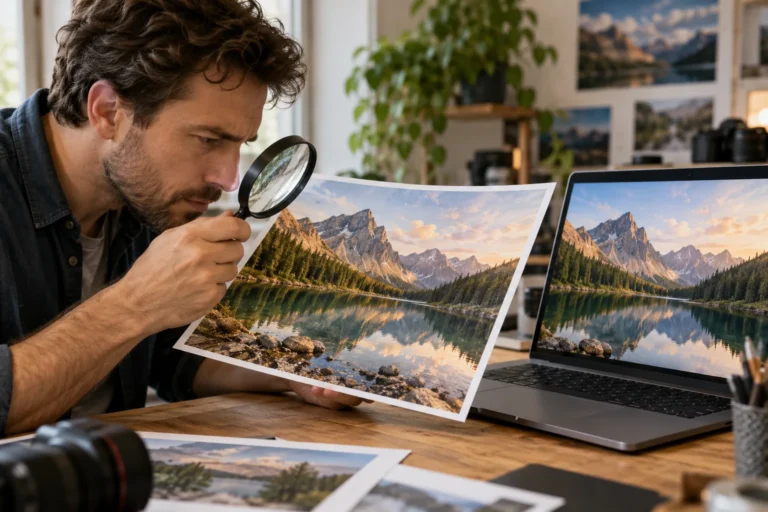 Muž lupou prohlíží fotografii krajiny a porovnává ji s obrazovkou