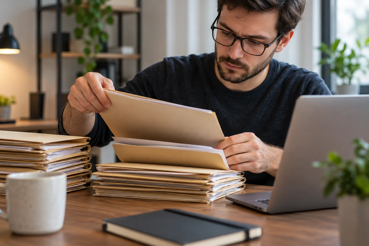 Muž třídí papírové složky vedle notebooku