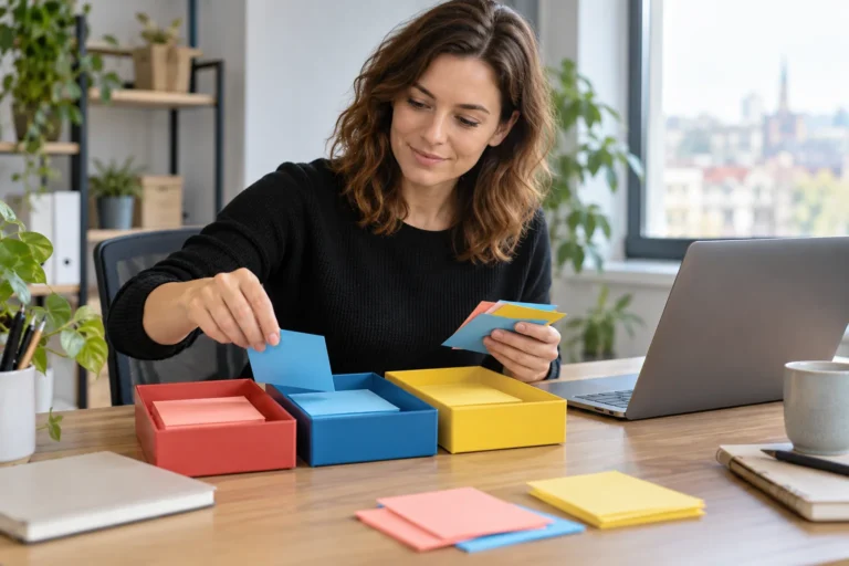 Žena rozděluje barevné kartičky do tří přihrádek vedle notebooku