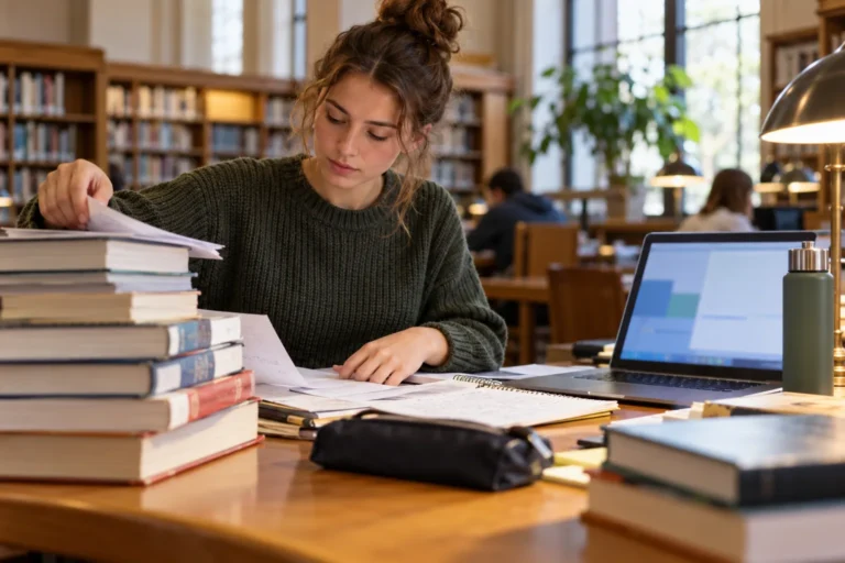 Žena třídí knihy a poznámky vedle notebooku v knihovně