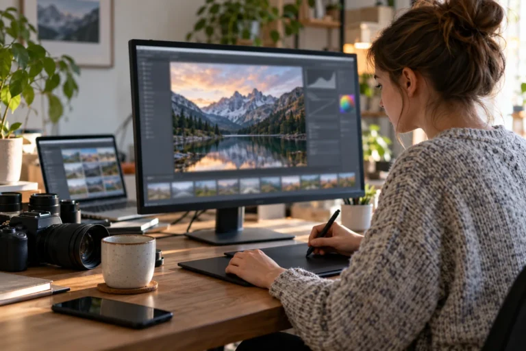 Žena upravuje fotografii krajiny na monitoru s grafickým tabletem na stole