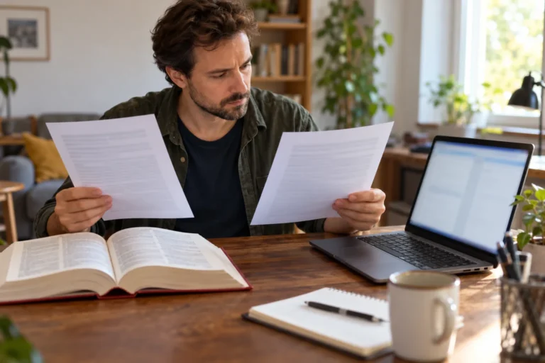 Muž porovnává dva tištěné texty u notebooku a otevřené knihy
