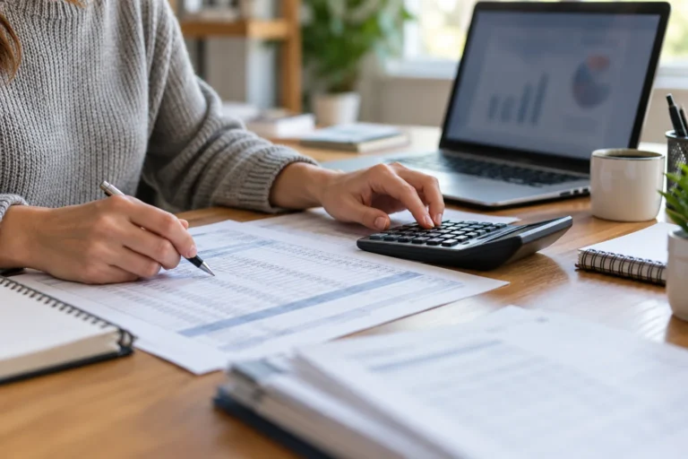 Ruce kontrolují tištěná tabulková data s kalkulačkou vedle notebooku