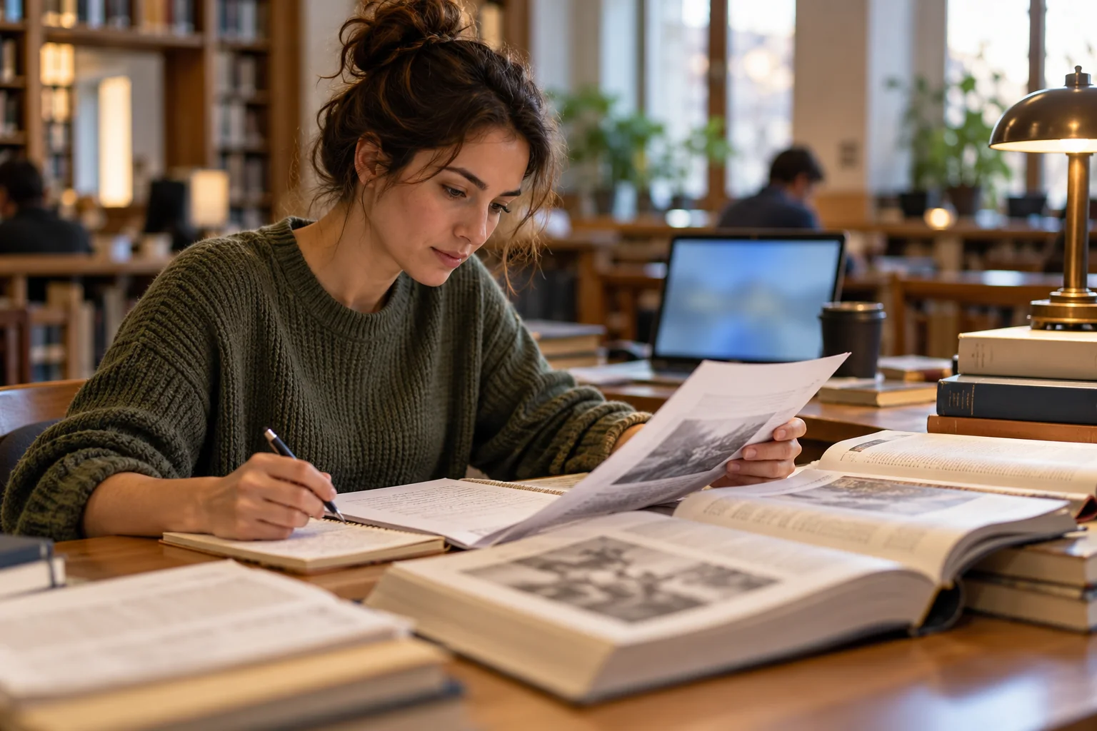 Žena studuje tištěné podklady u notebooku v knihovně