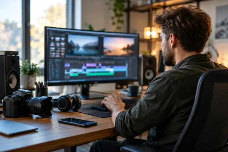 Muž upravuje video na monitoru s fotoaparátem a sluchátky na stole