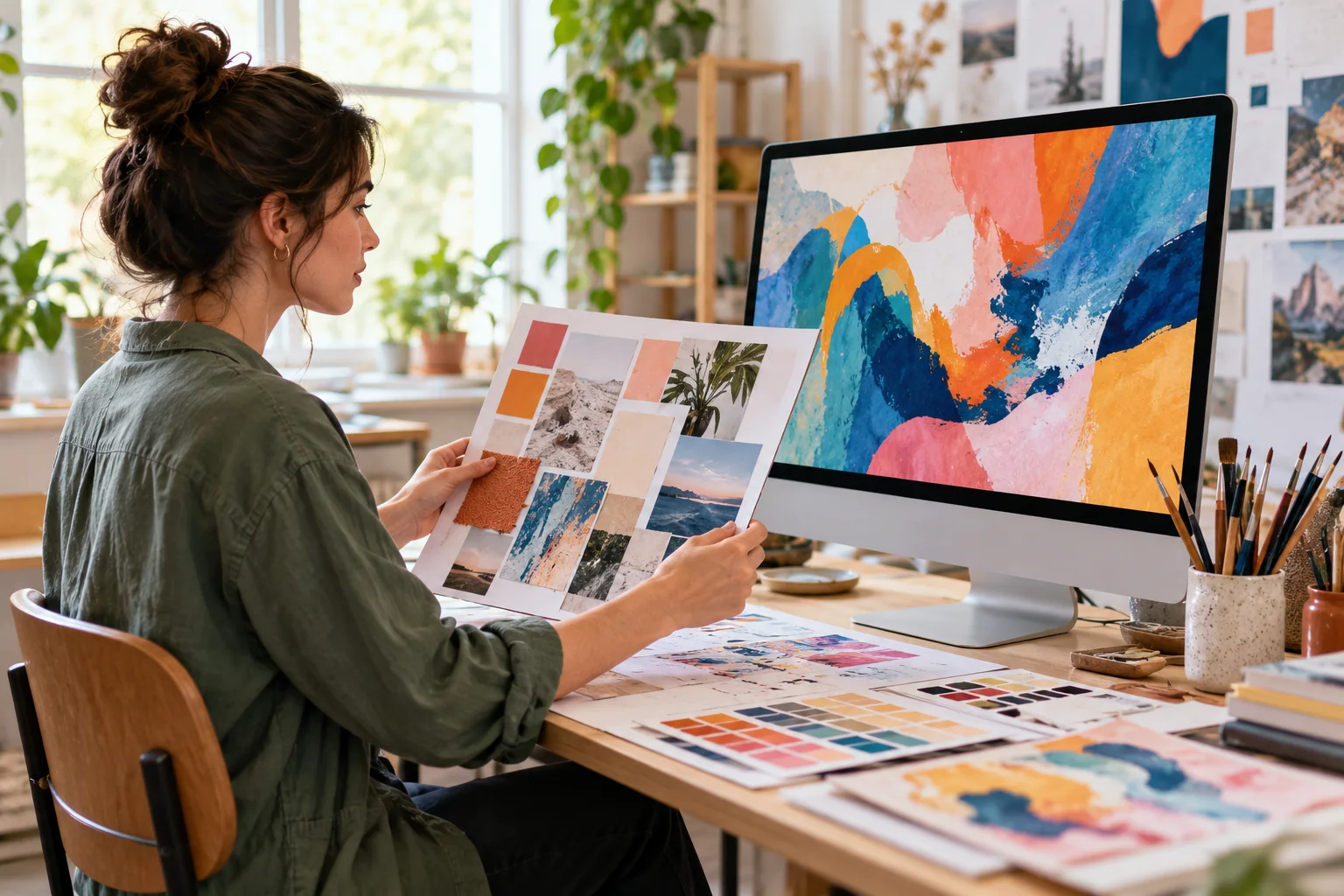 Grafička porovnává podklady na stole s barevnou grafikou na monitoru