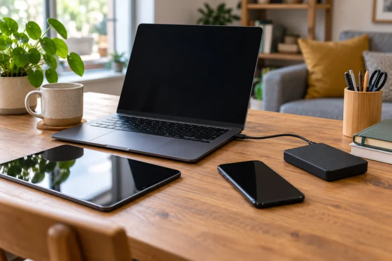 Notebook, tablet, telefon a externí disk na domácím stole