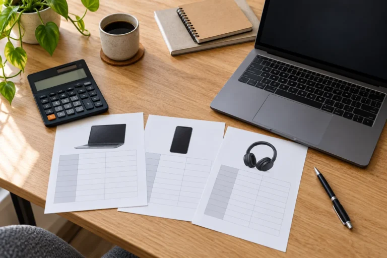Kalkulačka, listy na porovnání a notebook na dřevěném stole