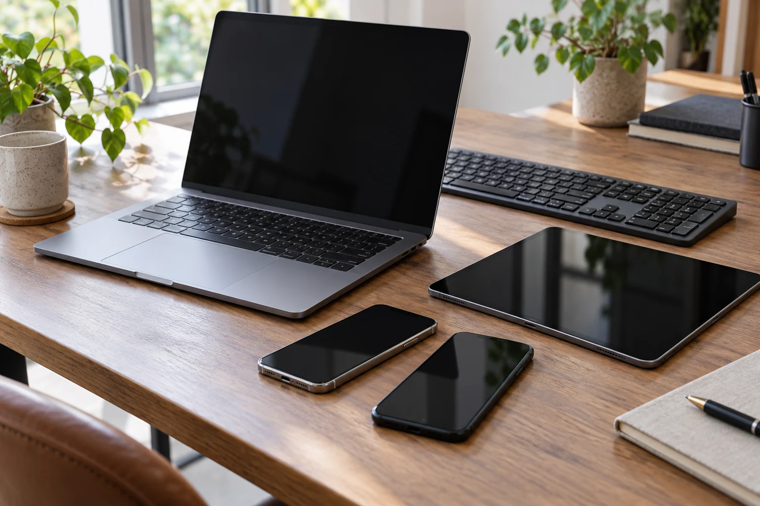 Notebook, tablet, klávesnice a dva telefony na stole