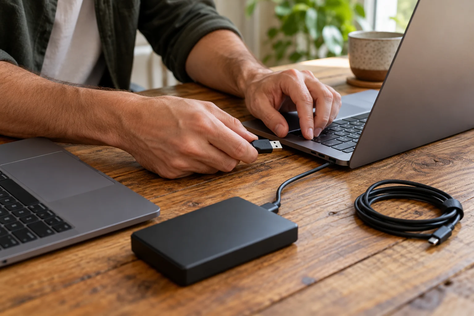 Ruce s USB konektorem vedle notebooků a externího disku