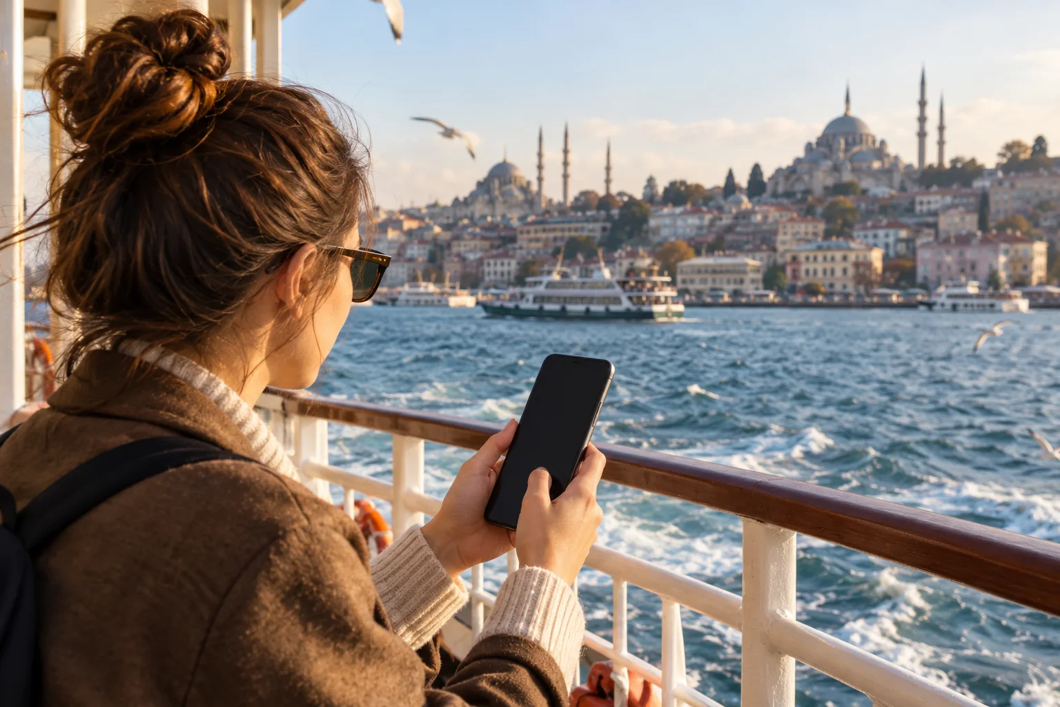Cestující s telefonem na lodi s výhledem na Istanbul