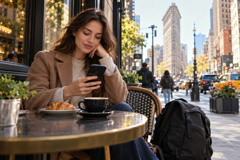 Cestující s telefonem v newyorské kavárně