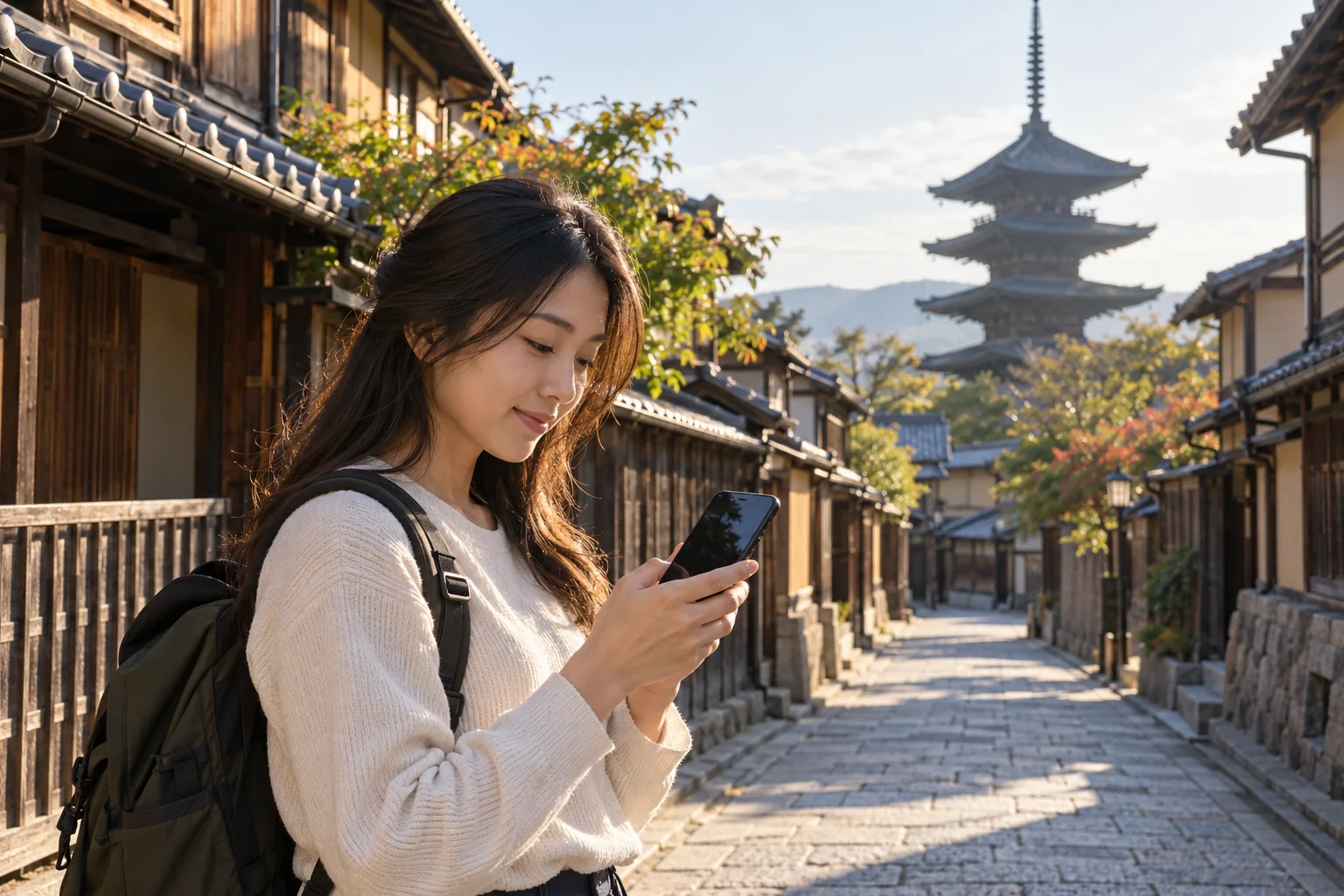 Cestující s telefonem na ulici s tradičními domy v Japonsku