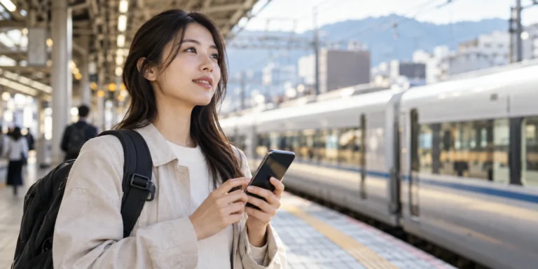 Cestující s telefonem na japonském nádraží