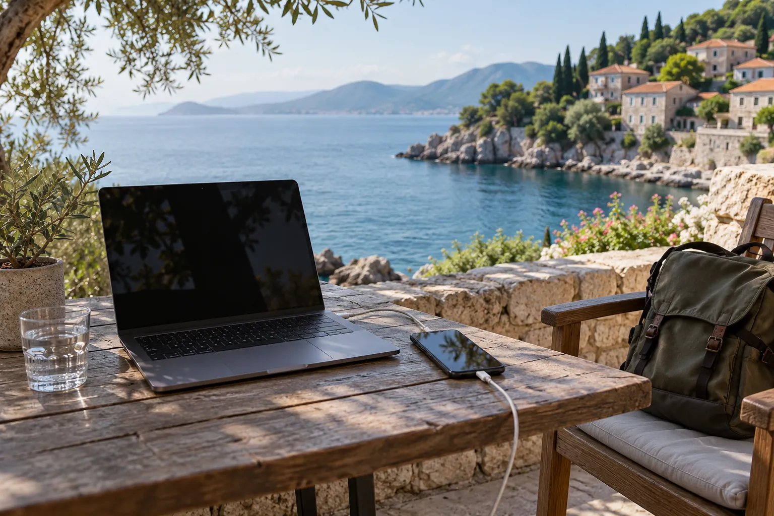 Notebook a telefon s kabelem na terase u moře