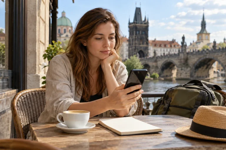 Cestující kontroluje telefon u kavárenského stolu