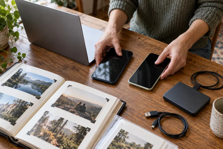 Dva telefony, fotografické album a externí disk na pracovním stole