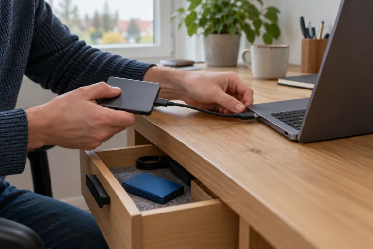 Ruce připojují externí disk k notebooku, další disk leží odpojený v zásuvce