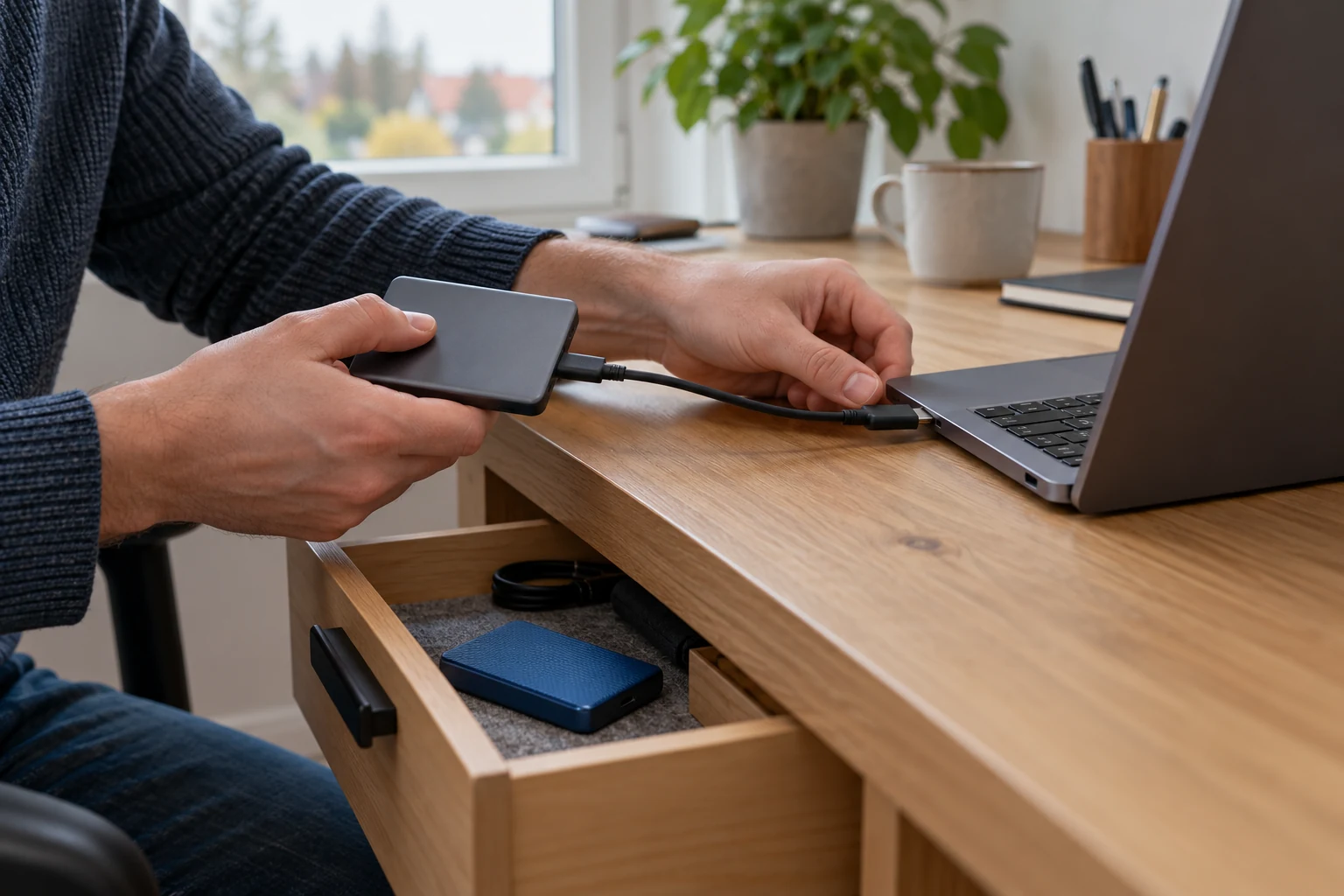Ruce připojují externí disk k notebooku, další disk leží odpojený v zásuvce
