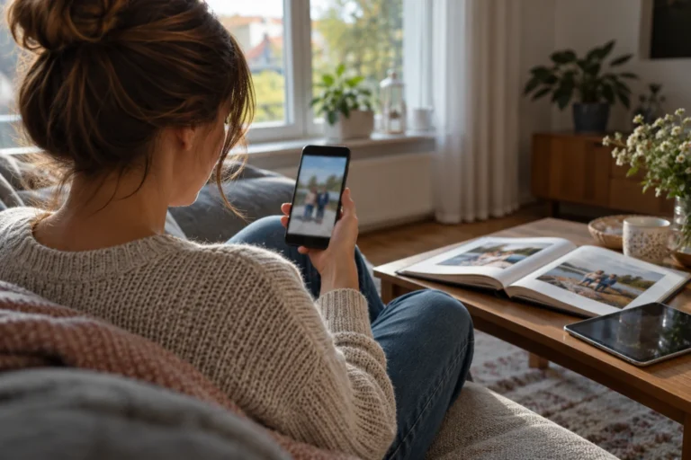 Žena si prohlíží fotografii na telefonu vedle otevřeného alba