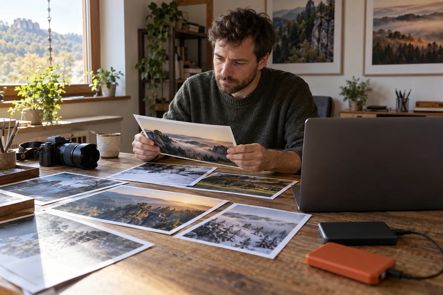 Fotograf prohlíží tištěné snímky krajiny u notebooku a externích disků