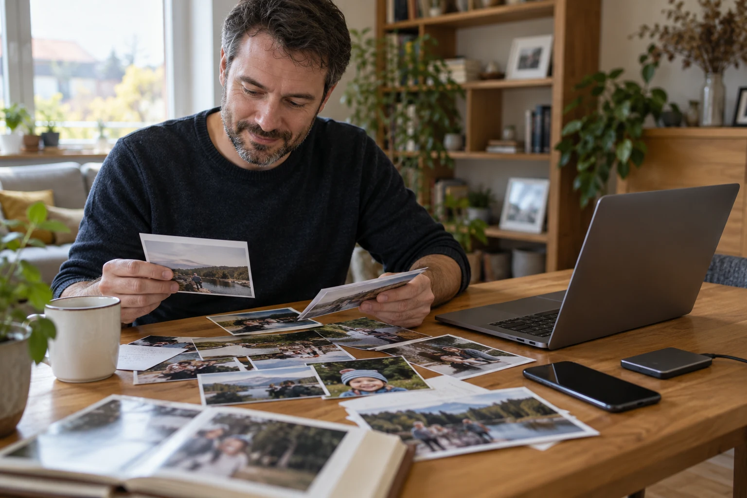 Muž třídí rodinné fotografie u notebooku a externího disku