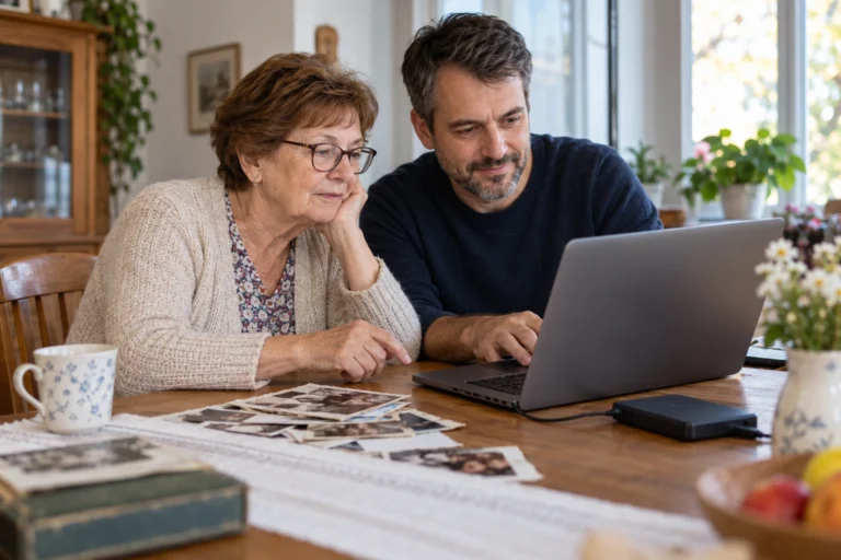 Starší žena a muž prohlížejí notebook vedle fotografií a externího disku