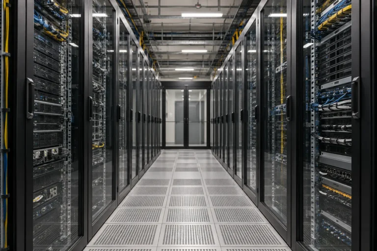 Ulička mezi serverovými skříněmi s uspořádanou kabeláží