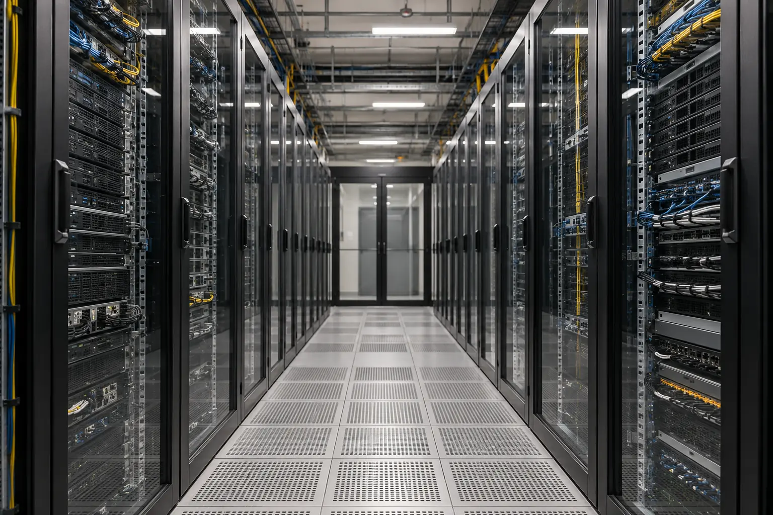 Ulička mezi serverovými skříněmi s uspořádanou kabeláží
