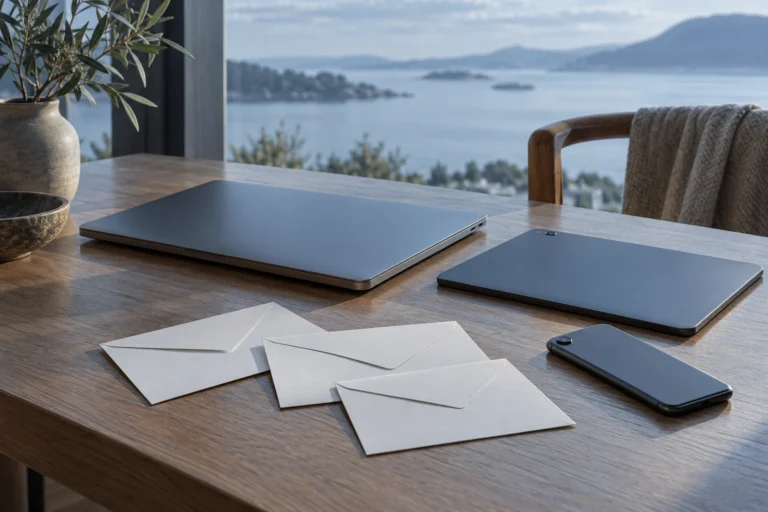 Notebook, tablet, telefon a obálky na stole