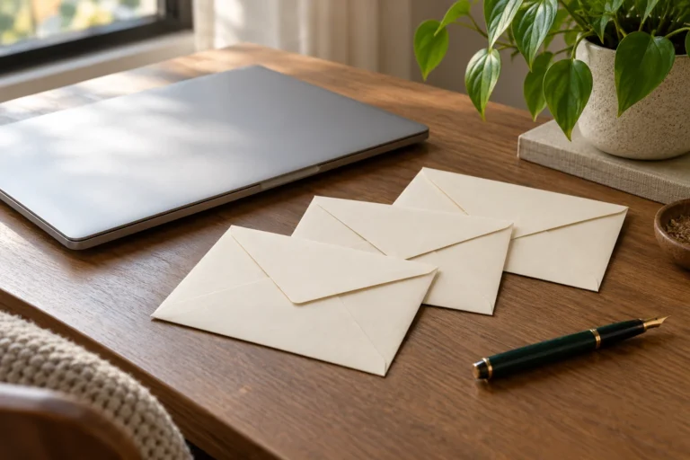 Zalepené obálky a pero vedle zavřeného notebooku