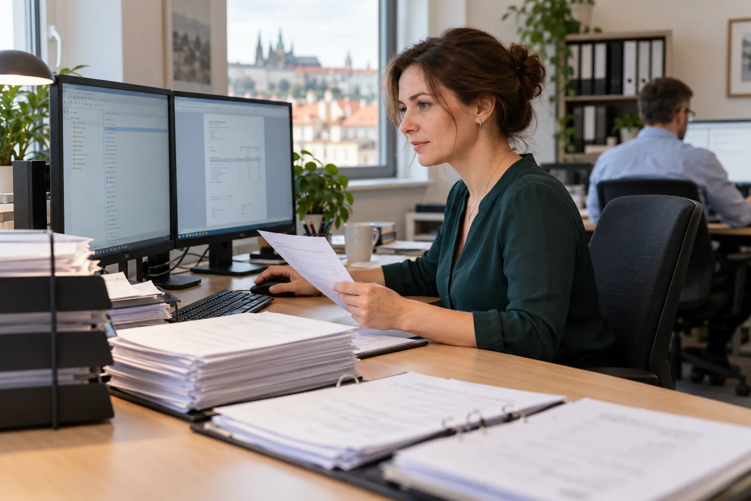 Účetní kontroluje listinu před dvěma monitory v kanceláři
