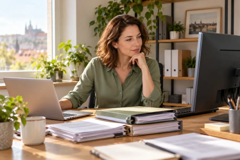 Žena u pracovního stolu s notebookem, monitorem a složkami