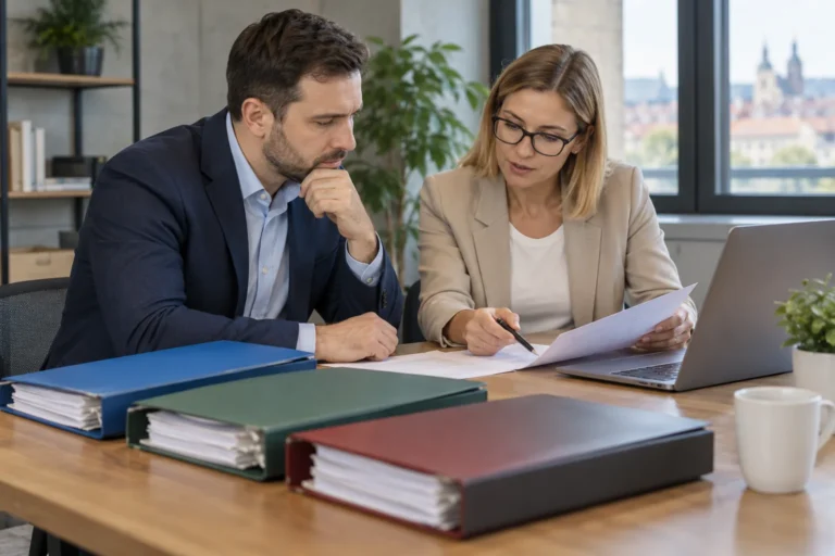 Dva lidé porovnávají doklady u notebooku za složkami na stole
