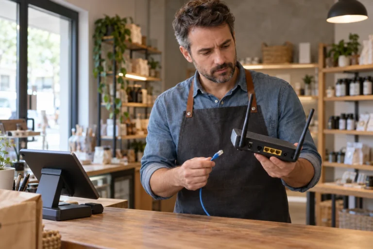 Obchodník drží router a síťový kabel vedle pokladního tabletu