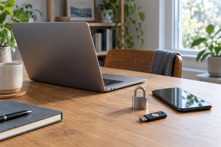 Notebook, telefon a malý zámek s bezpečnostním klíčem
