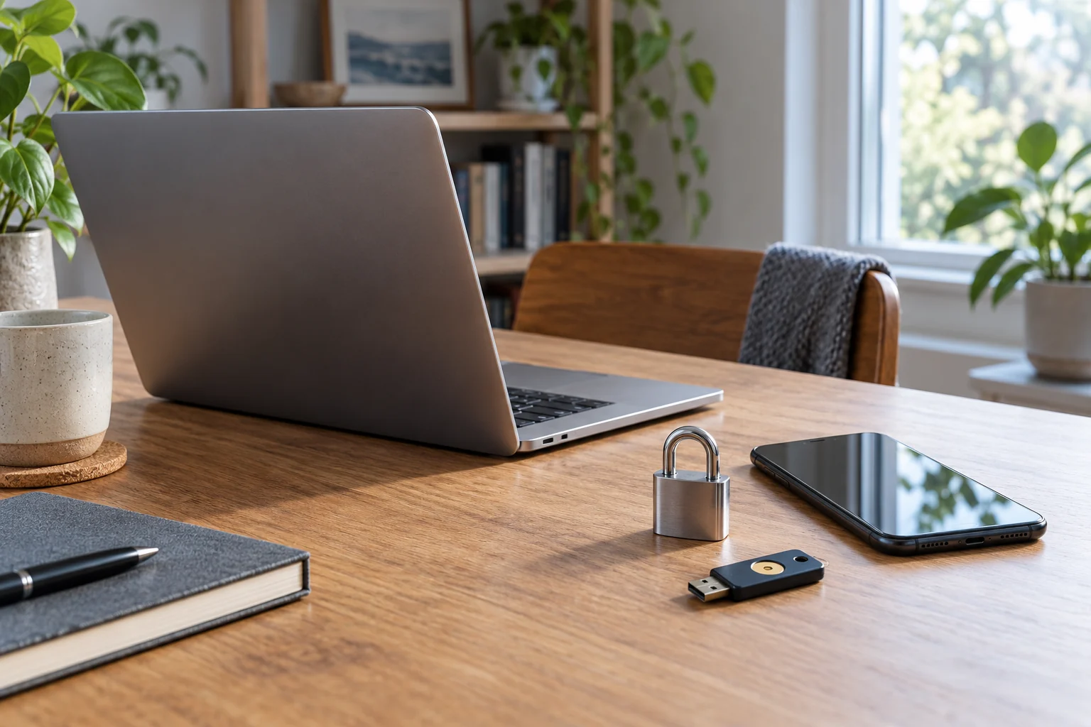 Notebook, telefon a malý zámek s bezpečnostním klíčem