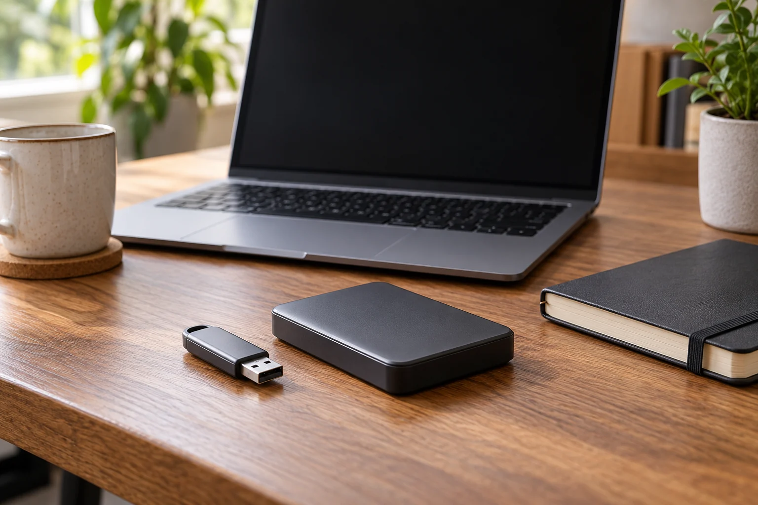 USB paměť a externí disk vedle notebooku