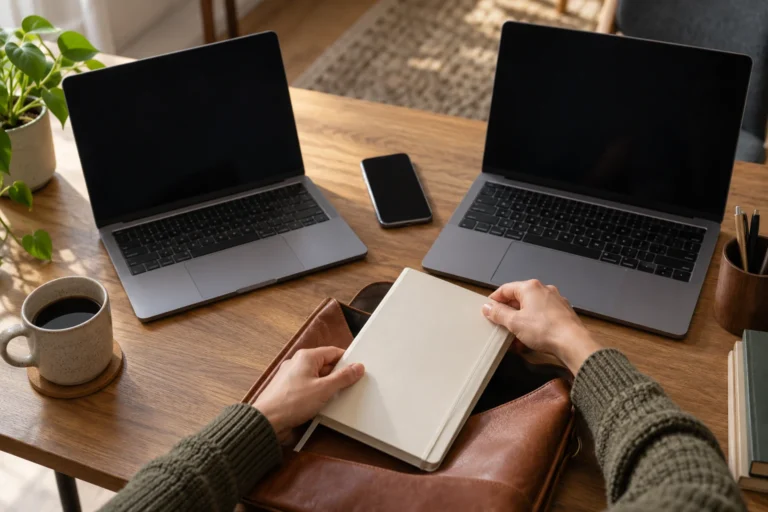 Dva notebooky a telefon na stole při organizování údajů