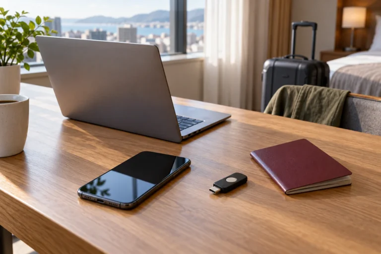 Notebook, telefon a bezpečnostní klíč na stole při cestování